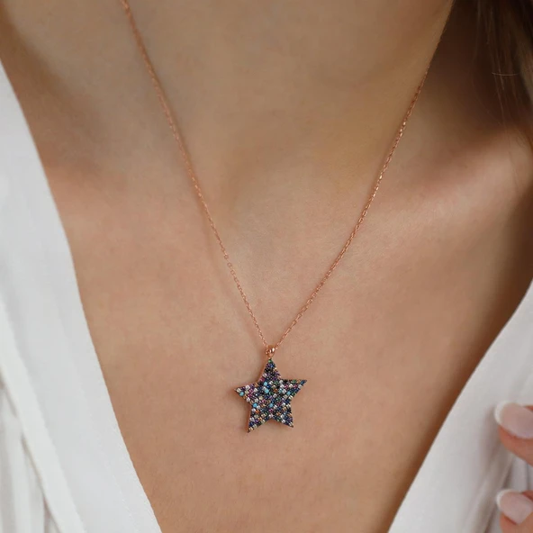 Renkli Zirkon Taşlı Rose Gold Kaplama Yıldız Gümüş Kolye - Resim 4