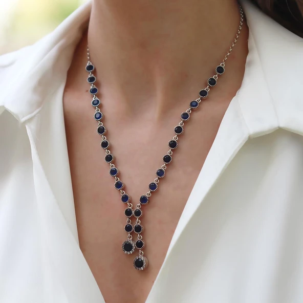 Kök Safir Taşlı Otantik Gümüş Kolye - Resim 2