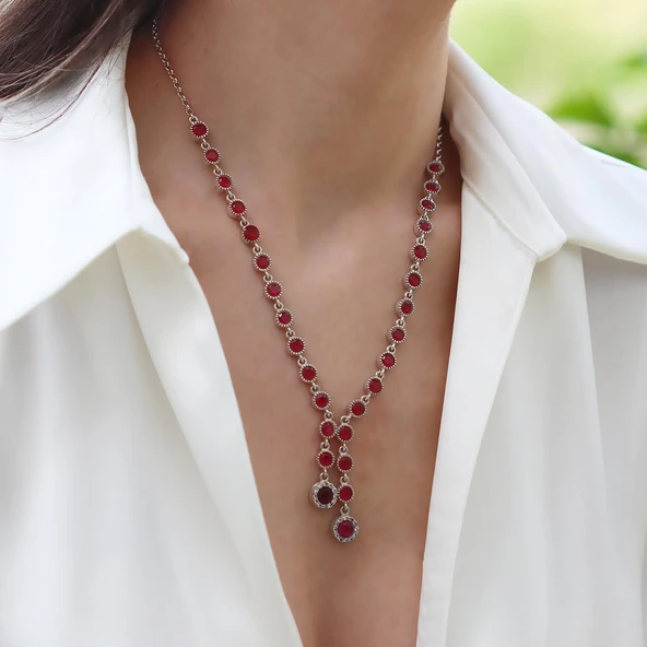 Kök Yakut Taşlı Su Yolu Otantik Gümüş Kolye - Resim 3