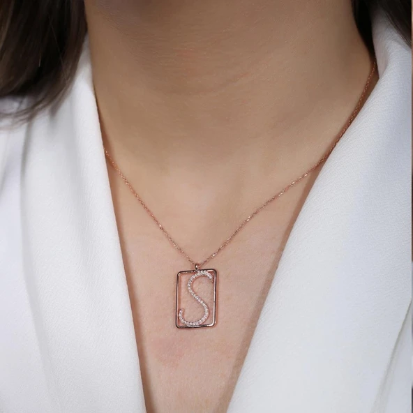 S Harfi Zirkon Taşlı Rose Gold Kaplama Çerçeveli Gümüş Kolye - Resim 2