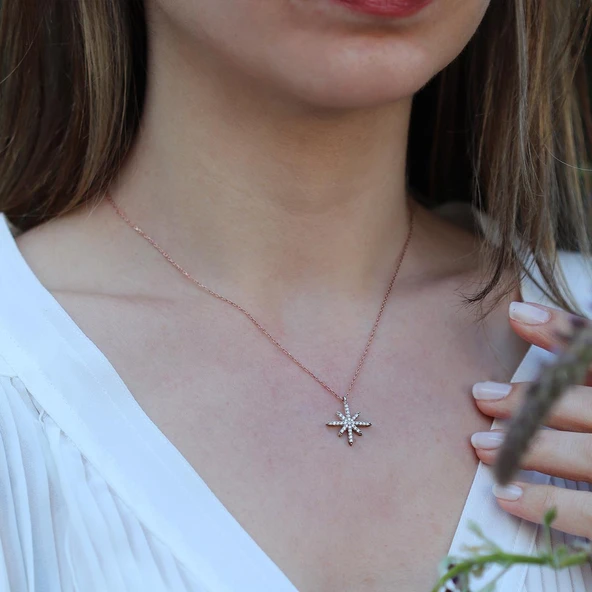 Kutup Yıldızı Zirkon Taşlı Rose Gold Kaplama Gümüş Kolye ürün görseli 1
