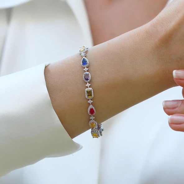 Damla Çiçek Renkli Zirkon Taşlı Gümüş Bileklik - Resim 3