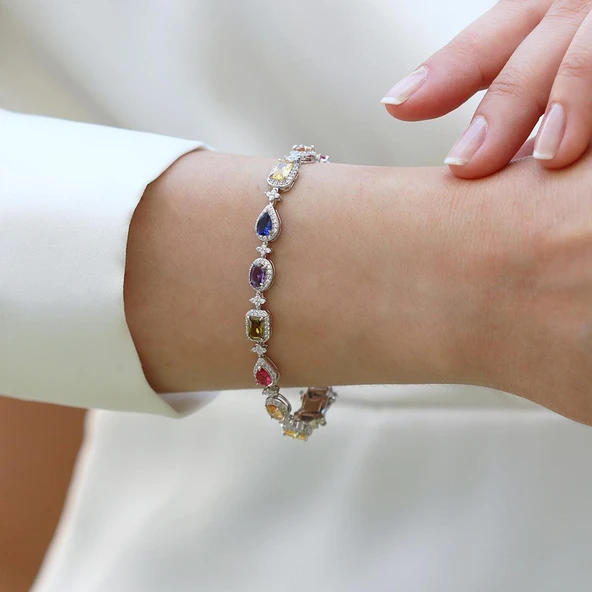Damla Çiçek Renkli Zirkon Taşlı Gümüş Bileklik ürün görseli 1