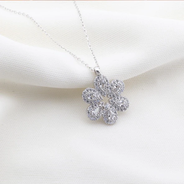 Çiçek Modeli Zirkon Taşlı Gümüş Kolye - Resim 5
