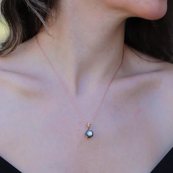 Elmas Montür Modeli Gül Rose Gold Gümüş Kolye - Resim 3