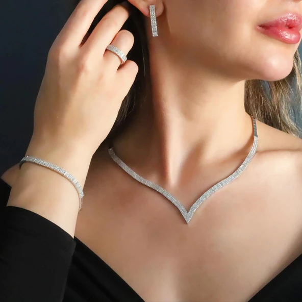 Zirkon Taşlı Su Yolu 925 Ayar Gümüş Set - Resim 2