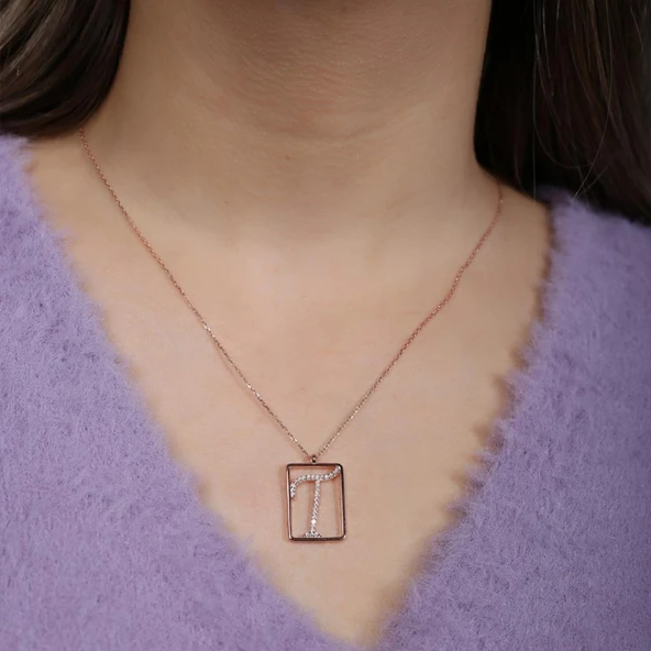 T Harfi Zirkon Taşlı Rose Gold Kaplama Çerçeveli Gümüş Kolye - Resim 2