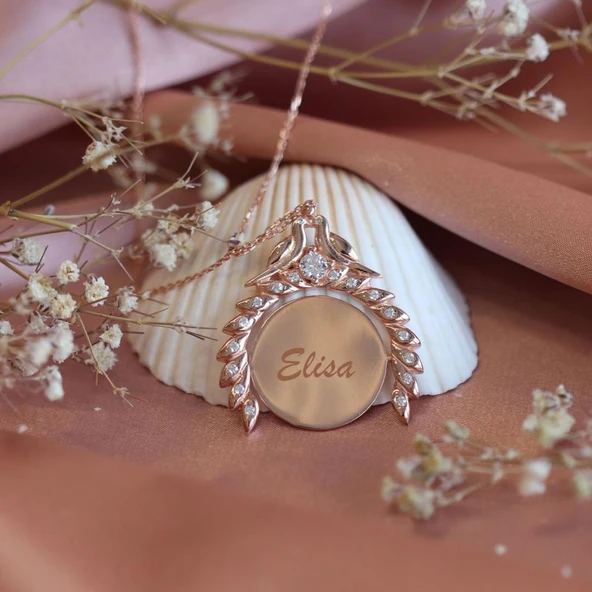 Kuşlu Zirkon Taşlı İsim Yazılabilir Rose Gold Kaplama Gümüş Kolye - Resim 2