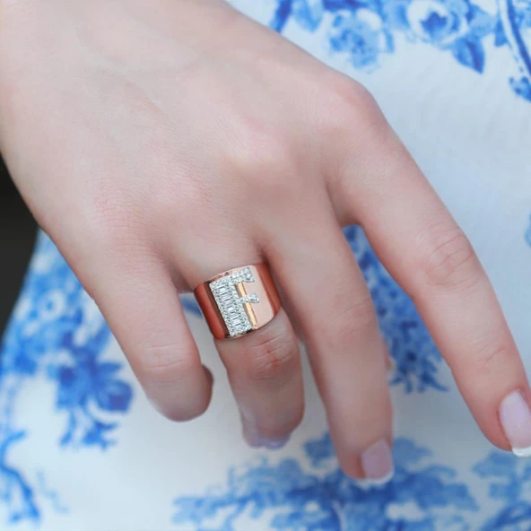 F Harfi Baget Taşlı Gümüş Yüzük - Resim 2