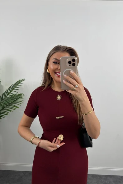 Kadın Ottoman Kumaş Likralı Düğme Tasarımlı Kısa Kol Kalem Elbise - Resim 2