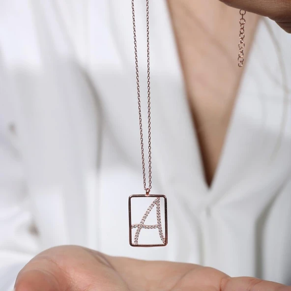 A Harfi Zirkon Taşlı Rose Gold Kaplama Çerçeveli Gümüş Kolye ürün görseli 1