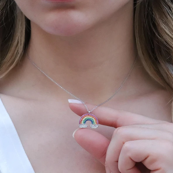 Renkli Zirkon Taşlı Gökkuşağı Gümüş Kolye - Resim 3