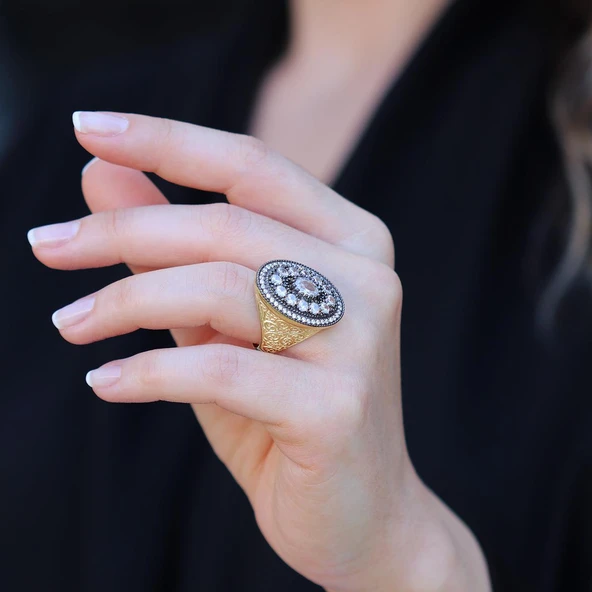 Oval Elmas Montür Modeli Gold Gümüş Yüzük - Resim 3