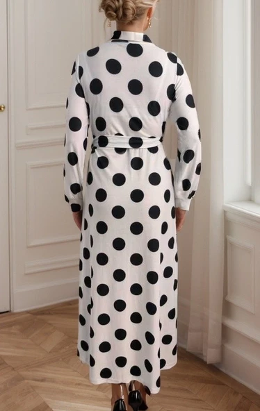 Kadın Uzun Kollu Kruvaze Yaka Yandan Bağlamalı Krep Tam Boy Elbise - Resim 3