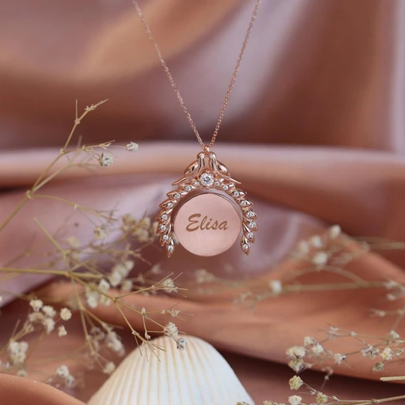 Kuşlu Zirkon Taşlı İsim Yazılabilir Rose Gold Kaplama Gümüş Kolye ürün görseli 1