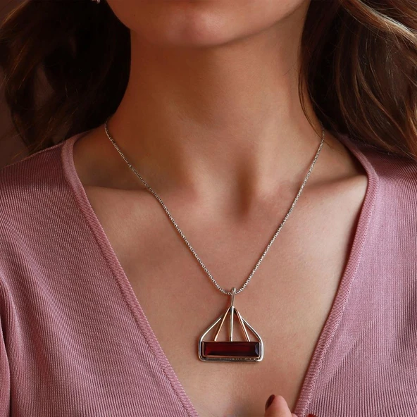 Lal Taşlı El İşli Otantik 925 Ayar Gümüş Kolye ürün görseli 1