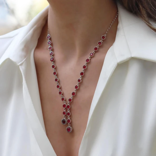 Kök Yakut Taşlı Su Yolu Otantik Gümüş Kolye - Resim 2