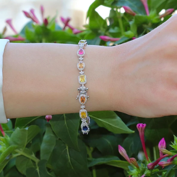 Damla Çiçek Renkli Zirkon Taşlı Gümüş Bileklik - Resim 4