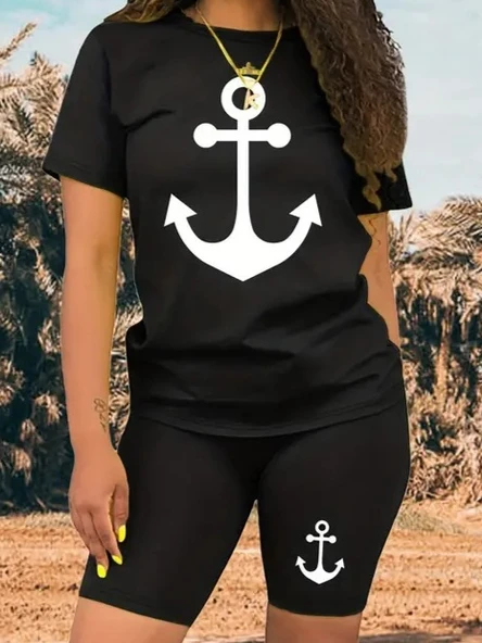 Kadın Kısa Kollu çapa Baskılı Viskon Ikili Takım - Resim 2