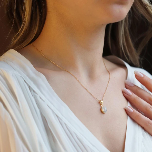 Sedef Doğal Taş Gold Kaplama  Gümüş Kolye ürün görseli 1