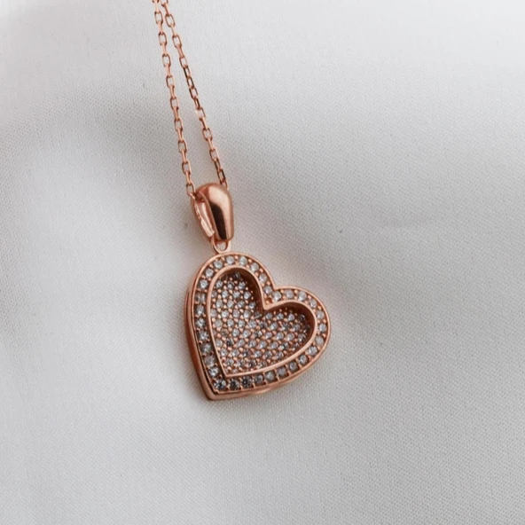 Kişiye Özel Kalp Zirkon Taşlı Rose Gold Kaplama İsim Yazılabilir Kolye - Resim 2