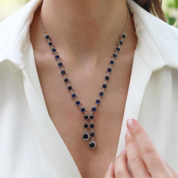 Kök Safir Taşlı Otantik Gümüş Kolye ürün görseli 1