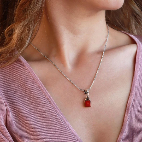 Mercan Taşlı El İşi Otantik 925 Ayar Gümüş Kolye - Resim 2