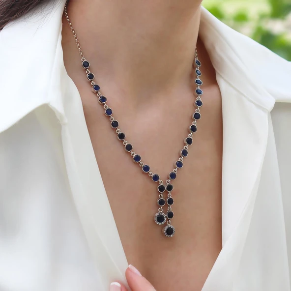 Kök Safir Taşlı Otantik Gümüş Kolye - Resim 3