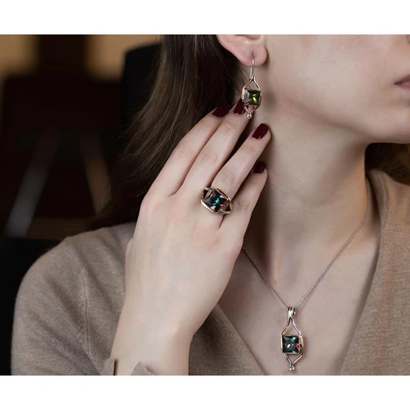 El İşi Tasarım Mistik Topaz Taşlı Gümüş Otantik Set - Resim 2