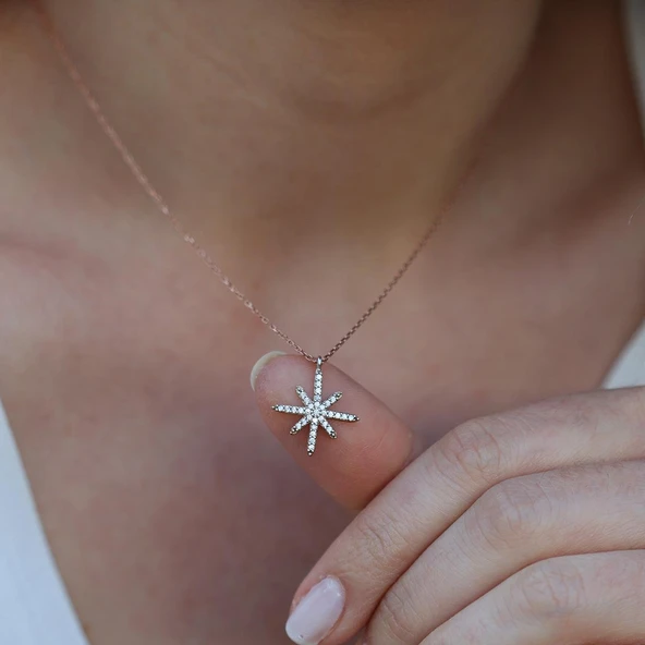 Kutup Yıldızı Zirkon Taşlı Rose Gold Kaplama Gümüş Kolye - Resim 3