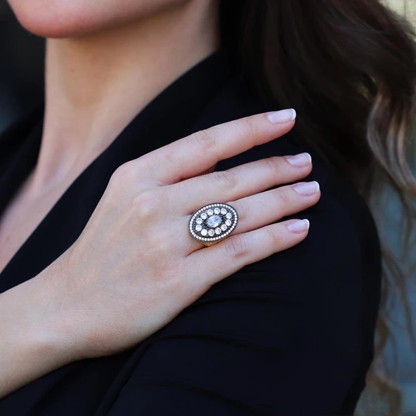 Oval Elmas Montür Modeli Gold Gümüş Yüzük - Resim 2