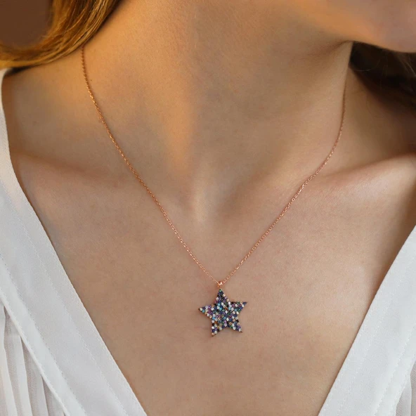 Renkli Zirkon Taşlı Rose Gold Kaplama Yıldız Gümüş Kolye - Resim 3