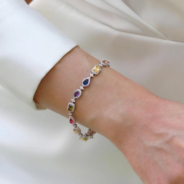 Damla Çiçek Renkli Zirkon Taşlı Gümüş Bileklik - Resim 2