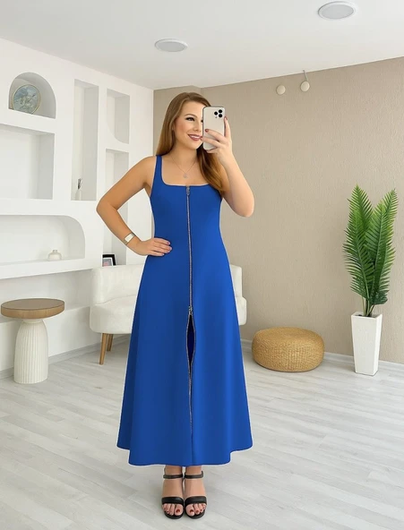 Kadın Askılı Kare Yaka önden Fermuarlı Geniş Kesim Janjan Krep Elbise - Resim 4