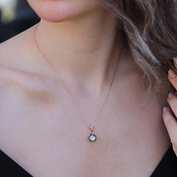 Elmas Montür Modeli Gül Rose Gold Gümüş Kolye - Resim 2