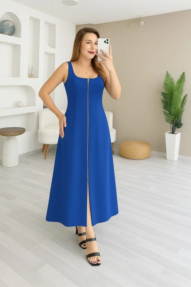 Kadın Askılı Kare Yaka önden Fermuarlı Geniş Kesim Janjan Krep Elbise - Resim 3