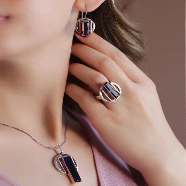 Kök Safir Taşlı 925 Ayar Gümüş Otantik Tasarım Set ürün görseli