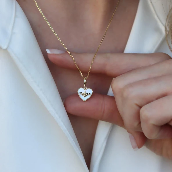 Arı Figürlü Sedef Kalp Gold Kaplama Gümüş Kolye - Resim 2