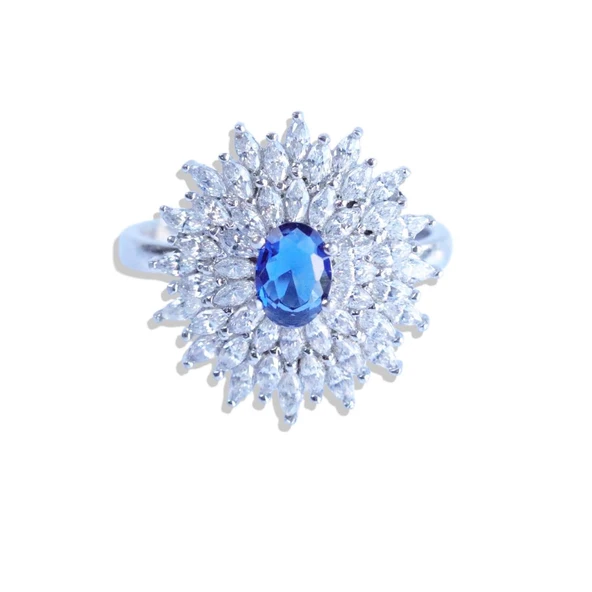 Ortası Safir Taşlı Elips Mekik Gümüş Yüzük - Resim 5