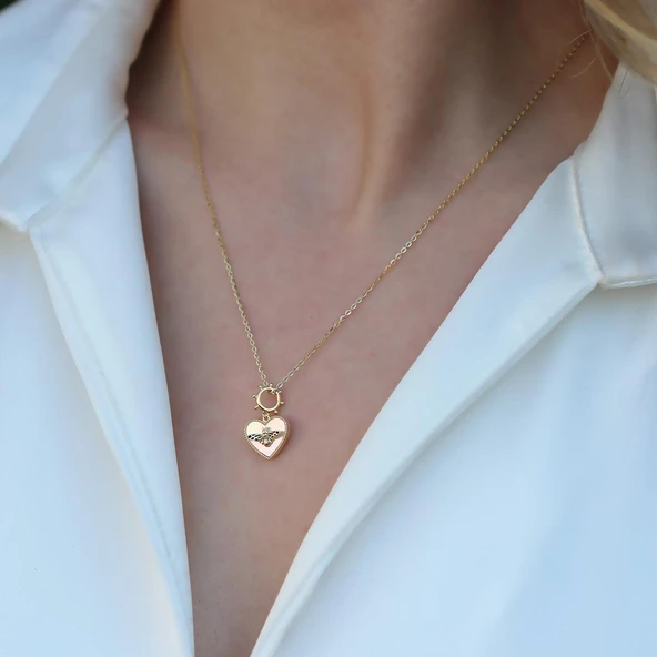 Arı Figürlü Sedef Kalp Gold Kaplama Gümüş Kolye - Resim 3