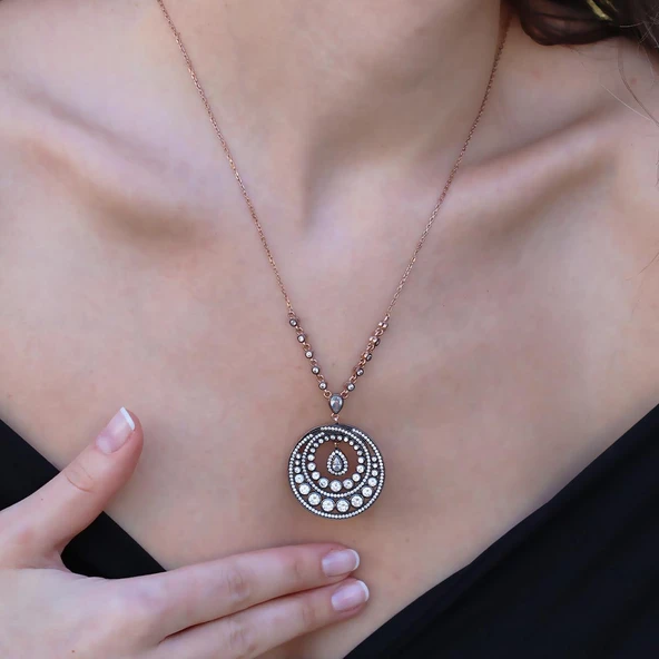 Elmas Montür Rose Gold Gümüş Kolye - Resim 5