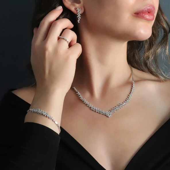 Zirkon Taşlı Pırlanta Modeli 925 Ayar Gümüş Set - 2