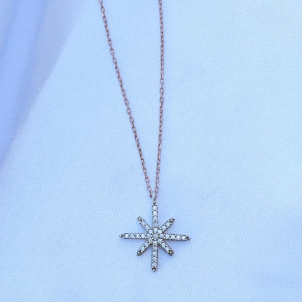 Kutup Yıldızı Zirkon Taşlı Rose Gold Kaplama Gümüş Kolye - Resim 4