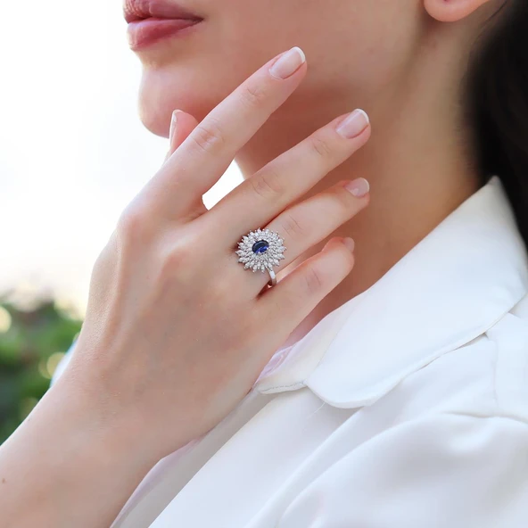 Ortası Safir Taşlı Elips Mekik Gümüş Yüzük ürün görseli 1