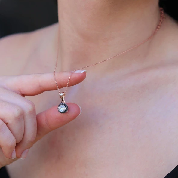Elmas Montür Modeli Gül Rose Gold Gümüş Kolye - Resim 4