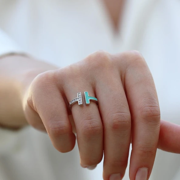 Turkuaz Mineli  T Gümüş Yüzük - Resim 3