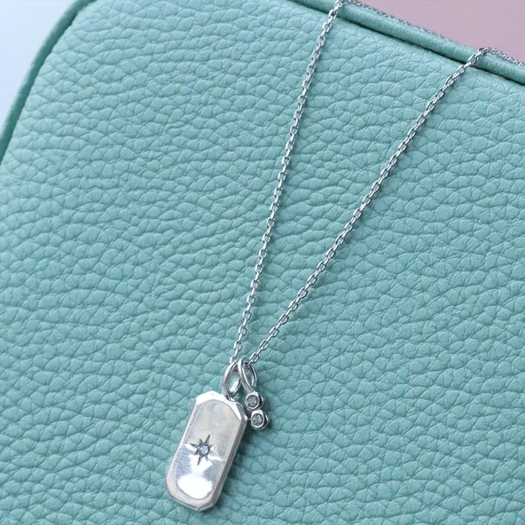 Kutup Yıldızı Plaka Gümüş Kolye - Resim 4