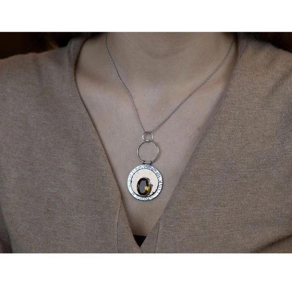 Gümüş Özel Tasarım Dövme El İşi Mistik Topaz Taşlı Kolye - Resim 2