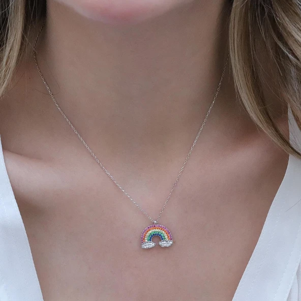 Renkli Zirkon Taşlı Gökkuşağı Gümüş Kolye - Resim 4