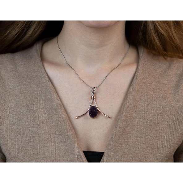 Ametist Taşlı Gümüş Otantik El İşi Kolye - Resim 2